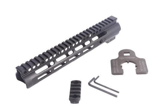 Midwest Industries Slim Line 10.25in free float M-LOK rail for the AR-15 includes a rail section and helpfully labeled barrel nut wrench.